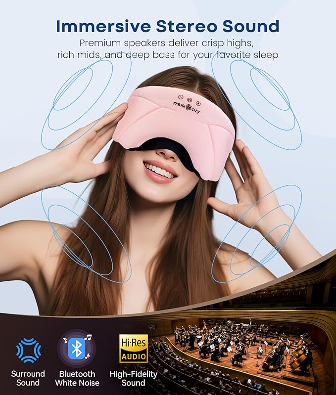 MUSICOZY Bluetooth Sleep Headphones 5.4, Wireless Over-Ear Headphones with Built-in HD Stereo Speakers, Cooling Eye Mask Design, 14H Playtime, Washable, for Side Sleepers, Travel & Relaxation - Bloomnest
