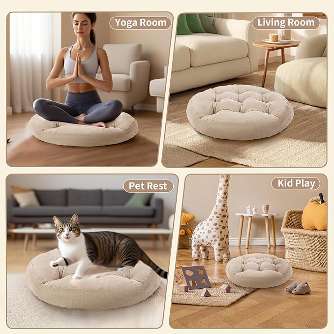 Meditation Floor Pillow, 2 Pack Round Floor Cushions for Adults, Button Tufted Seat Cushions for Yoga Tatami Living Room, Beige, 22 x 22 x 4 in