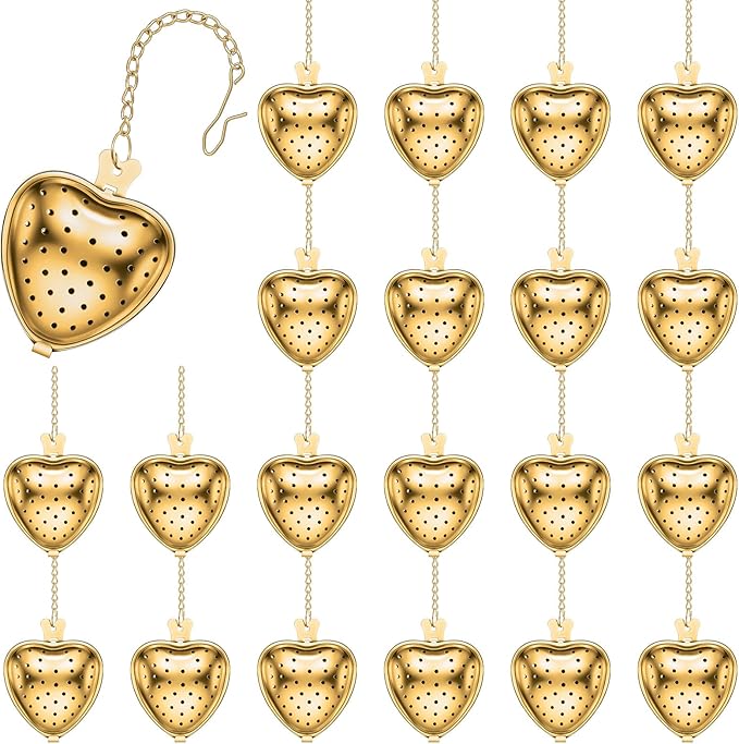 Sumind 25 Pcs Heart Tea Strainer Stainless Steel Ball Infuser Loose Leaf Steeper Interval Diffuser Mesh Filters with Extended Chain Hook for Cup Bottle Tea Party Wedding Bridal Shower(Gold) - Bloomnest