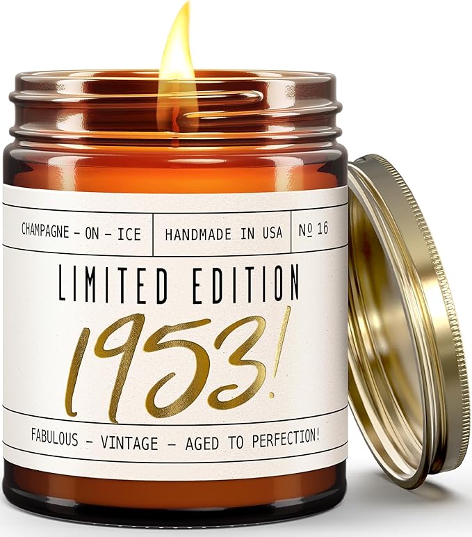 72nd Birthday Gifts for Women - 'Limited Edition 1953' Soy Candle, w/Champagne on Ice I 72 Birthday Gifts for Women I 72nd Birthday Gift for Her Ideas I 9oz Reusable Jar, 50Hr Burn, Made in USA - Bloomnest