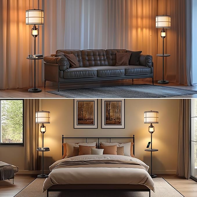 Rustic Farmhouse Metal Tray Floor Lamp For Living Room With Nightlight Vintage Tall Lamp With Linen Fabric Shade Industrial Standing Lamp For Bedroom Office Home House Study (Bulb Included) - Bloomnest