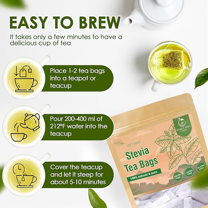 NHAT ANH FARM - Premium Stevia Tea Bags, 100 Stevia Tea Bags, 100% Natural Dried Leaves, Naturally Sweet Herbal Tea, Sugar-Free, Caffeine-Free, No Additives. - Bloomnest