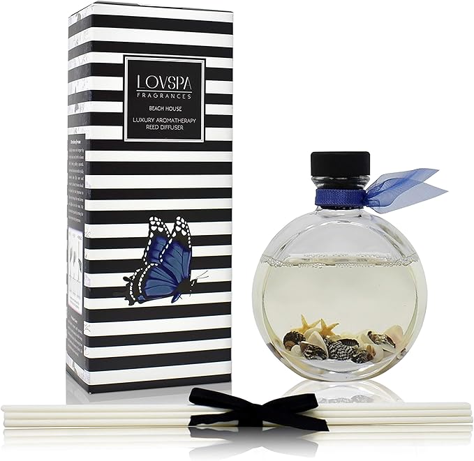 LOVSPA Reed Diffuser Set, Beach House Scented Oil Diffuser with Sticks, Home Fragrance Accessories for Bathroom Shelf Decor, Aroma Diffusers for Home or Office Desk, USA Made