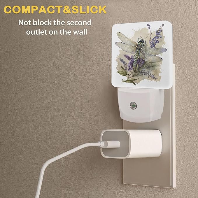 Dragonfly Watercolor Night Light with Dusk to Dawn Light Sensors, Plug-in Wall Led Night Lights, Energy Efficient Lamp for Bedroom/Bathroom/Kitchen/Hallway/Stairs - Bloomnest