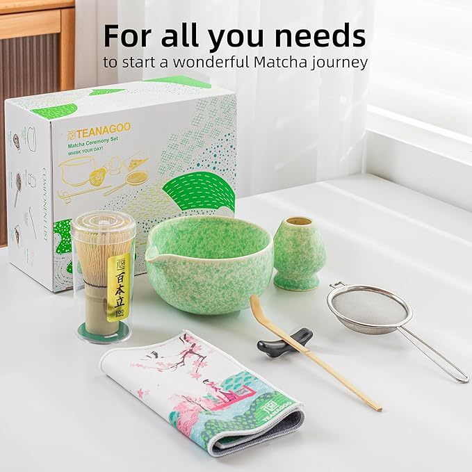 TEANAGOO Matcha Whisk Set,7 Pcs Matcha Set Green,Ceremony Matcha Kit,Matcha Tea Set for Making Latte,Ceramic Bowl(chawan) whith Spout and Whisk,Gift for Matcha Lovers - Bloomnest