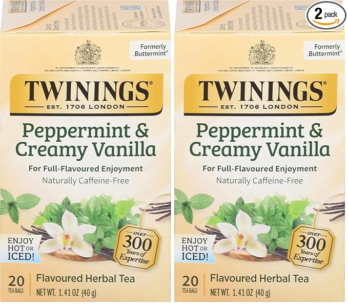 Twinings Peppermint & Creamy Vanilla Herbal Tea Individually Wrapped Bags, 20 Count (Pack of 2), Formerly Buttermint, Naturally Caffeine-Free, Enjoy Hot or Iced - Bloomnest