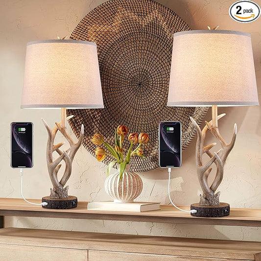 Dungoo Rustic Western Lamp Set of 2 - 26" Farmhouse Table Lamp with 2 USB Ports, Natural Antler Design for Bedroom, Living Room, Office (Rustic Brown) - Bloomnest