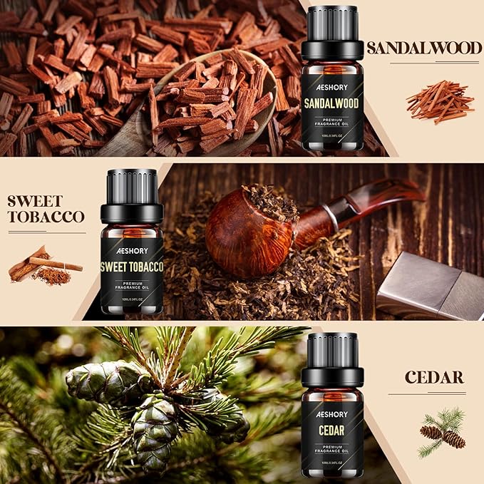 Gentlemen's Essential Oils Set - 6x10ML Mens Fragrance Oil for Candle Making, Diffuser - Sandalwood, Cedar, Leather, Sweet Tobacco, Bay Rum, Cologne Aromatherapy Oils for Men - Bloomnest