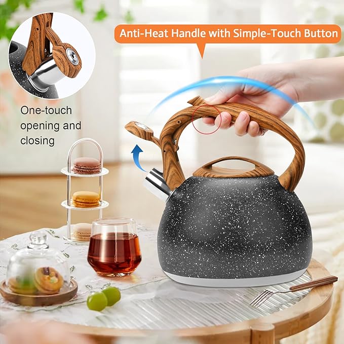 GGC Tea Kettle for Stove Top, Loud Whistling Kettle for Boiling Water Coffee or Milk, 3.1 Quart Heavy Stainless Steel Starry Black Kettle with Wood Pattern Handle, Unique Button Control Kettle Outlet - Bloomnest