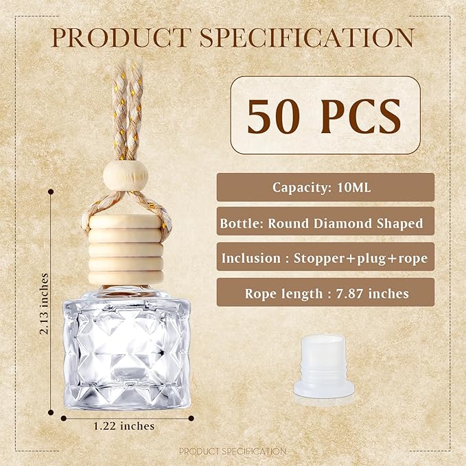 BBTO 50 Pcs Hanging Car Air Freshener Car Diffuser Bottles Empty Glass Perfume Bottle Freshener Diffuser Bottle Pendant for Essential Oil Fragrance Aromatherapy Bottle Ornament(Diamond) - Bloomnest