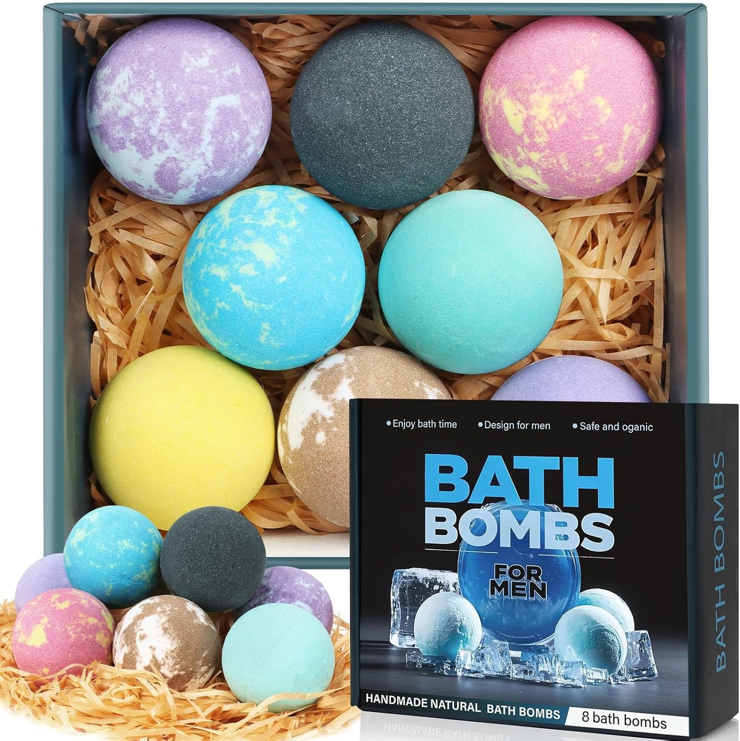 Bath Bombs for Men, 8 Pack Organic Bath Bombs Set with Natural Essential Oils, Relaxing Gifts for Men & Women, Father's Day Birthday Easter Gift for Husband Boyfriend