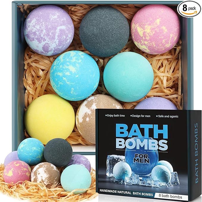 Bath Bombs for Men, 8 Pack Organic Bath Bombs Set with Natural Essential Oils, Relaxing Gifts for Men & Women, Father's Day Birthday Easter Gift for Husband Boyfriend - Bloomnest