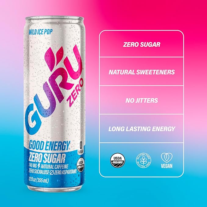 GURU ZERO SUGAR Wild Ice Pop Organic Energy Drinks, Clean Energy Drink with Plant Based Natural Caffeine from Green Tea, Coconut Water, Prebiotic, Zero Added sugars, Gluten Free and Vegan, Pre Workout, Healthy Drinks, 12oz (Pack of 24) - Bloomnest