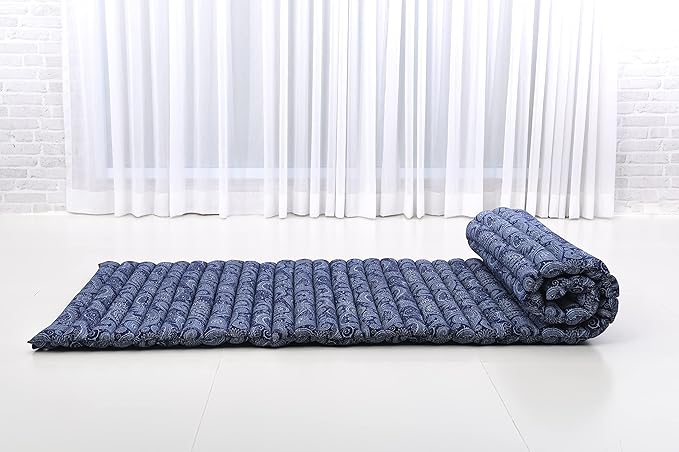 Leewadee - Foldable Floor Mattress - Japanese Roll Up Futon -Trifold Tatami Mat- Guest Floor Bed - Camping Mattress - Thai Massage Mat, Kapok Filled, 75 x 28 inches, Blue White - Bloomnest