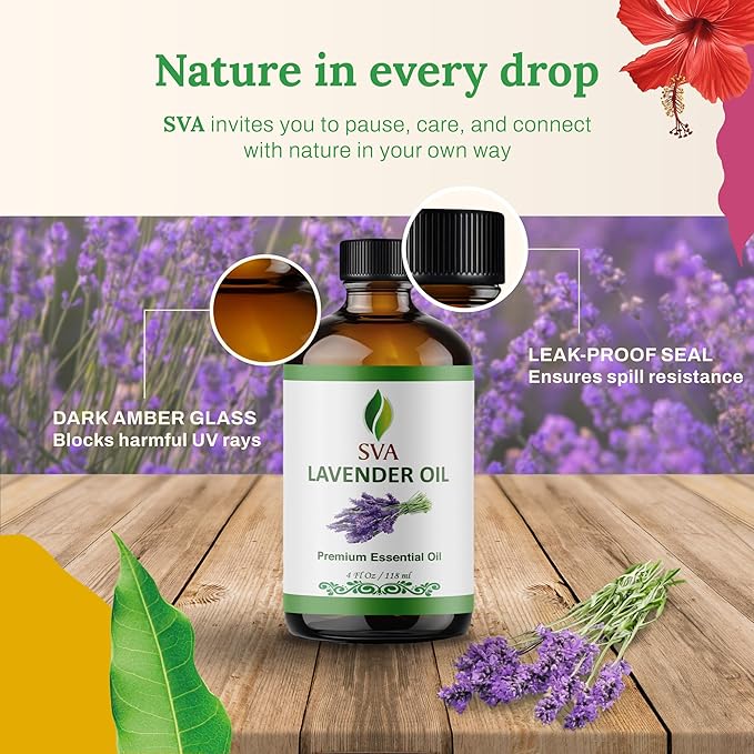 SVA Lavender Essential Oil – 4 Fl Oz – 100% Natural Lavender Oil - for Diffuser, Hair Care, Face, Skin Care, Aromatherapy, Scalp and Body Massage, Soap and Candle Making – with Dropper - Bloomnest