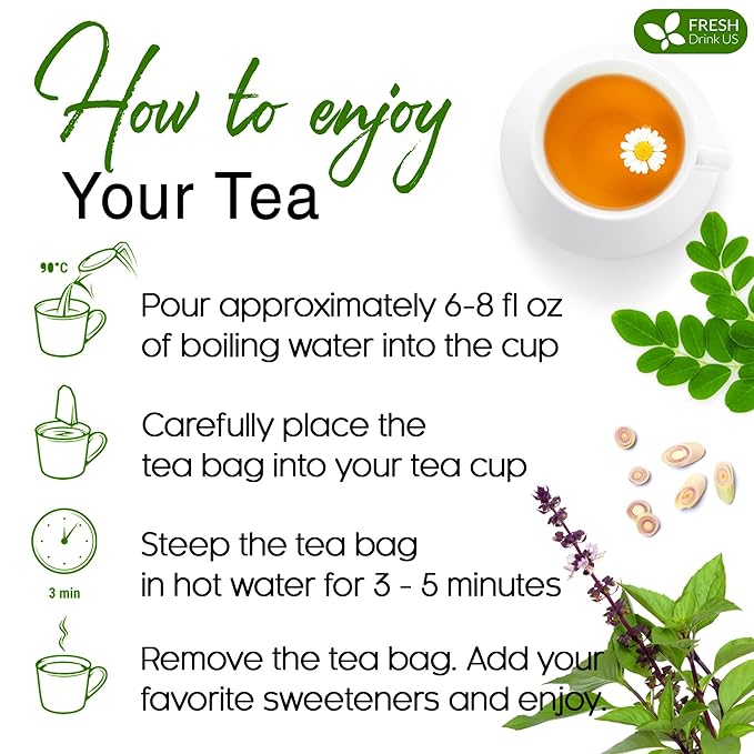 FreshDrinkUS, Premium 55 Tea Bags Tulsi Moringa Lemongrass, 100% Natural & Pure from Tulsi Holy Basil Leaves, Moringa & Lemongrass. Made with Natural Material Tea Bags. No Sugar, No Caffeine, Vegan. - Bloomnest