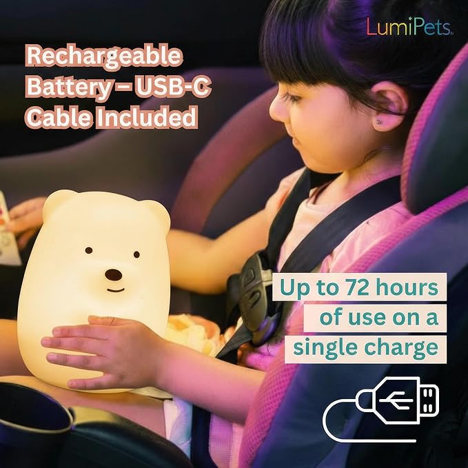 Lumipets Benny The Bear Squishy Silicone Night Light for Kids | Cute Night Light with Remote & Touch Control for Girls & Boys | 9 Color Changing Soft Portable Animal Lamp Comes with USB Cord - Bloomnest