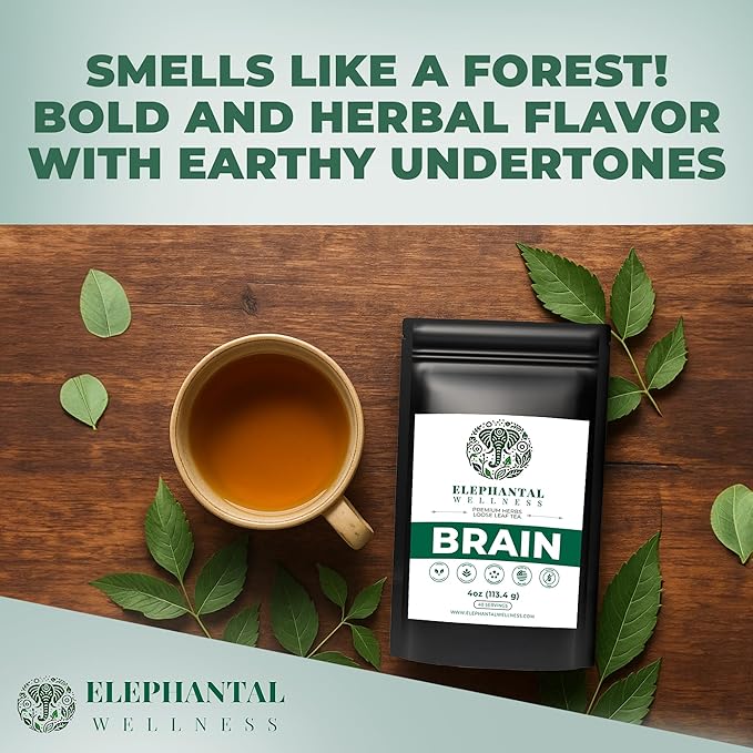 Elephantal Wellness Premium Brain Herbal Tea | Nootropic Focus & Mental Clarity Support with Ginkgo, Bacopa, Ashwagandha & Gotu Kola | Handmade, Caffeine-Free, Non-GMO Loose Leaf Blend, 4oz Loose Leaf, 40 Servings - Bloomnest
