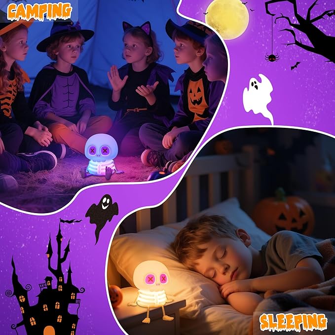 Skull Night Light, Cute LED Silicone Lamp, Color Changing & Dimmable Helloween Room Decor, 20 Mins Timer Squishy Cordless Rechargeable Nightlight, Bedside Light for Christmas Halloween Gifts - Bloomnest