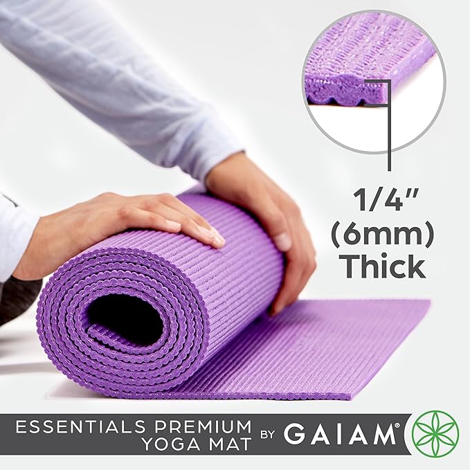 Gaiam Essentials Thick 2/5" (10mm) and Thin 1/4" (6mm) Yoga & Pilates, Fitness & Exercise Mat with Easy-Cinch Carrier Strap