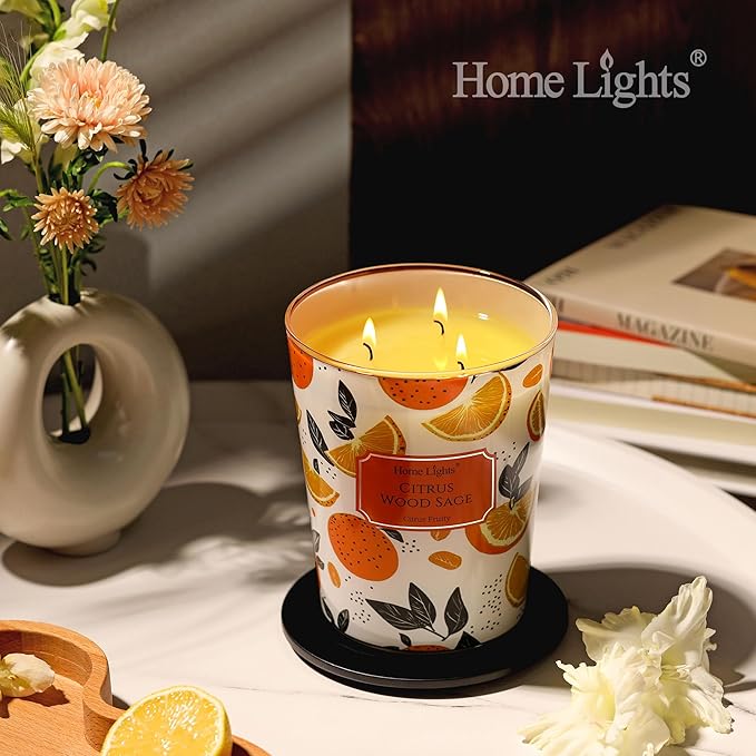 HomeLights Citrus Wood Sage Scented Candles | 34oz Soy Candles Eclectic Mixed Styles 3-Wick Large Candle Jars | Ideal Candle Gifts for Events, Home Decor Stress, Relief & Relaxation - Bloomnest