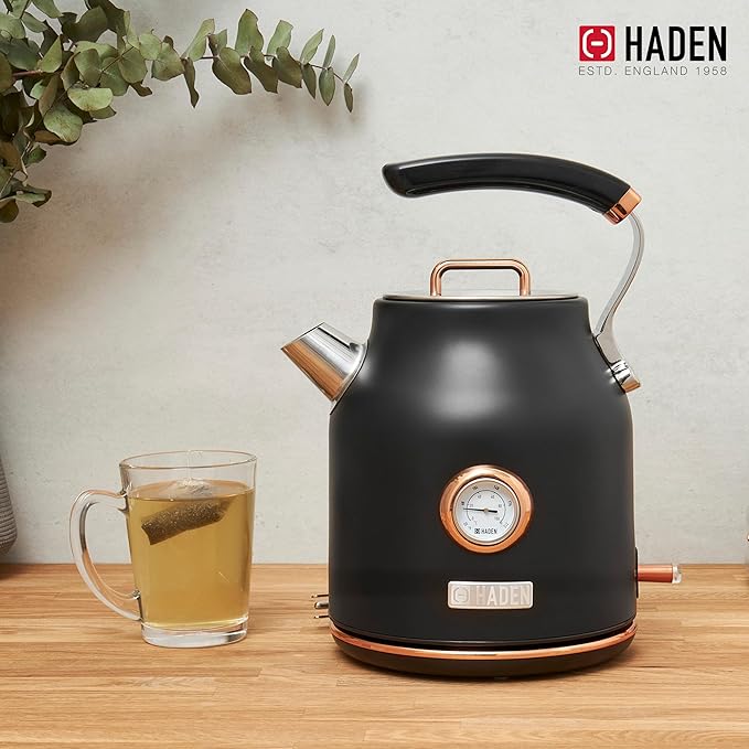 Haden Dorset 1.7 Liter Stainless Steel Electric Kettle, Hot Water Kettle with 360-Degree Base and Auto Shutoff, Black & Copper - Bloomnest