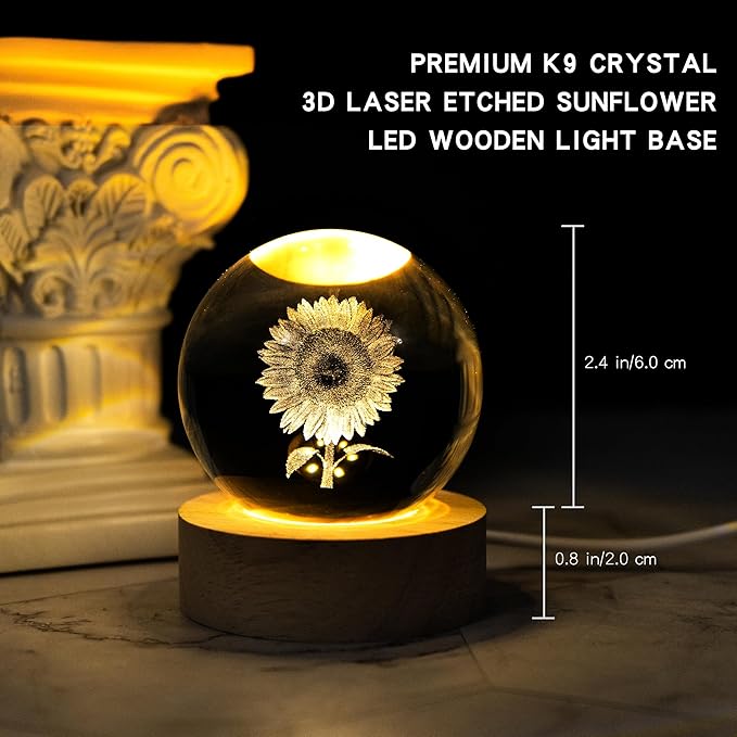 3D Laser Etched Sunflower Crystal Ball, Sunflower Decor Glass Sphere Lamp Night Light, Crystal Flower Figurines Collectibles Gifts for Mom Women Girls - Bloomnest