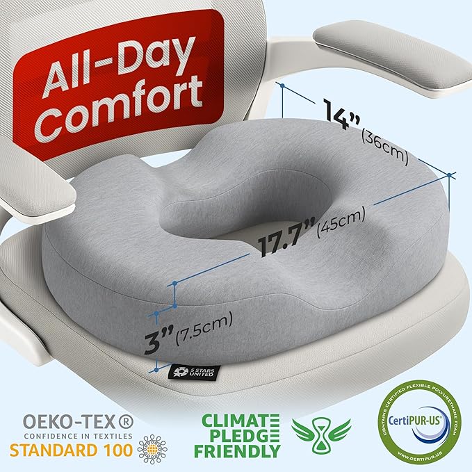 5 STARS UNITED Donut Pillow Hemorrhoid Tailbone Cushion – Large Cushion for Pain Relief – Coccyx, Prostate, Sciatica, Pelvic Floor, Pressure Sores, Pregnancy, Postpartum Recovery, Gray - Bloomnest