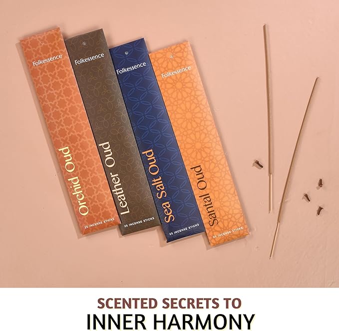 Folkulture Incense Sticks (100 Sticks) | Set of 4 (11') Premium Incense for Prayer, Aromatherapy | No Charcoal, Organic, Non Toxic, 60 Mins, Long Burning Orchid, Leather Oud, Sea Salt Insence-Sticks FOLKULTURE