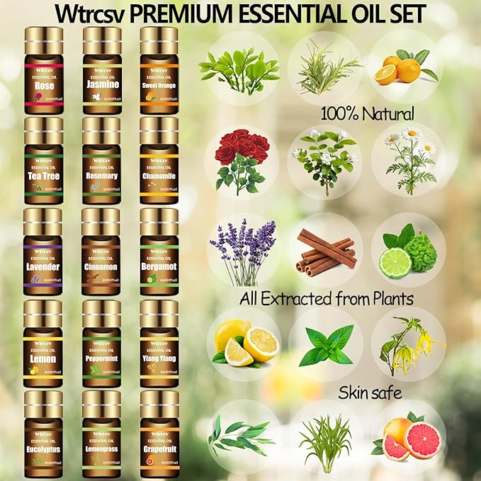 Essential Oils Set - Top 15 Scents for Diffuser, Humidifier, Skin Care, Aromatherapy, Massage, Candle & Soap Making - Fragrance Gift Set (5ml) - Bloomnest