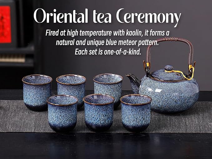 Traditional Japanese tea set, Kiln altered glaze Porcelain tea set with 1 teapot (23.5oz/700ml), 6 teacups (4oz/120ml), 1 Tea Tray,Japanese teapot set, Asian tea sets (Kiln altered Blue) - Bloomnest