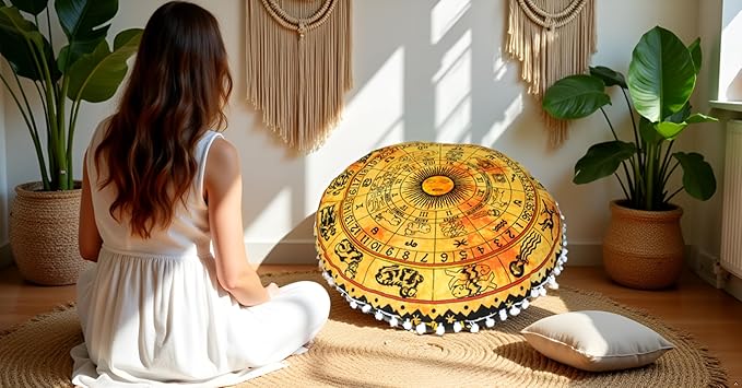 CRAFT KALA Boho Large Floor Pillow Pouf Cover Mandala Meditation Room Pillow Cover for Adults Round Bohemian Seating Pouf Cushion Cover for Kids Playroom 22" Yellow Zodiac - Bloomnest