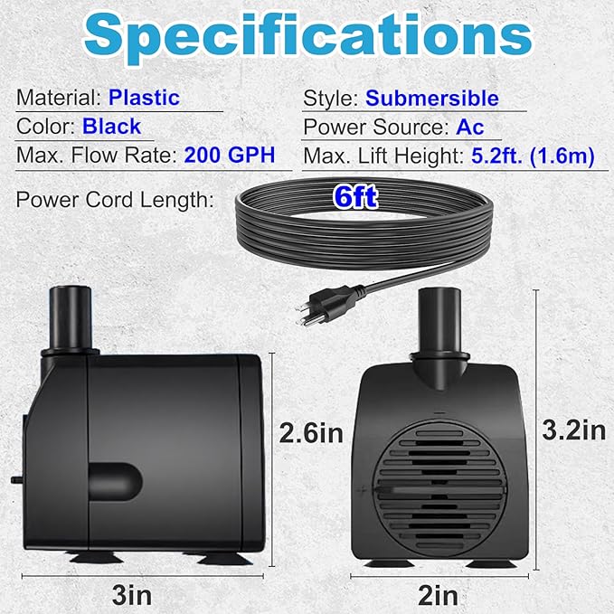 Submersible Pump 200GPH Ultra Quiet with Over Heating Protection 5.2ft High Lift for Fountains, Hydroponics, Ponds, Aquariums & More… - Bloomnest