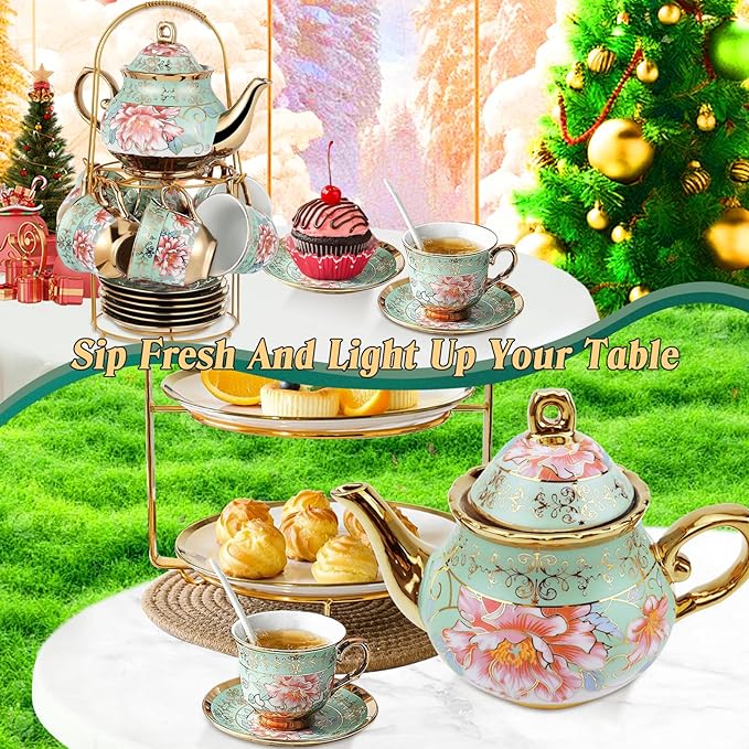 20 Pcs Porcelain Tea Set with Metal Holder, Adult Tea Set Gift, European Ceramic Tea Set for Adults, Flower Tea Cup Saucer Set for Party With Gold Flower Painting (Fresh Green) - Bloomnest