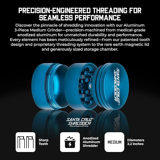 Santa Cruz Shredder Metal Spice Grinder Knurled Top for Stronger Grip 3-Piece Medium 2.2" (Teal) - Bloomnest