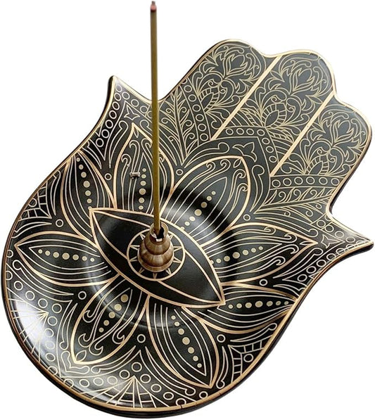 Ceramic Hamsa Hand Incense Holder - 2 in 1 Brass Incense Holder for Sticks and Coil Incense- Zen Decor with Hand of Fatima Design Protection from Evil - 6.2" L X 4.5" W (Black) - Bloomnest