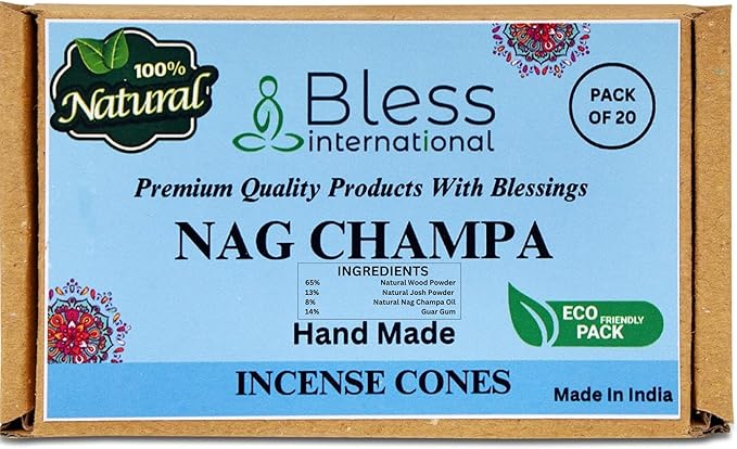 Bless-International Nag Champa 100%-Natural-Incense-Cones Handmade-Hand-Dipped Organic-Chemicals-Free for-Purification-Relaxation-Positivity-Yoga-Meditation The-Best-scents (20 Count) BlessInternational