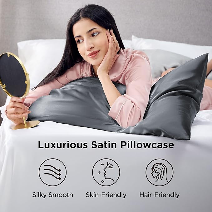 Bedsure Satin Pillowcase 2 Pack Similar to Silk Pillow Cases Standard Size, Pillow Case for Sleeping Women with Envelope Closure, Gifts for Women Men, Space Grey, 20x26 Inches - Bloomnest