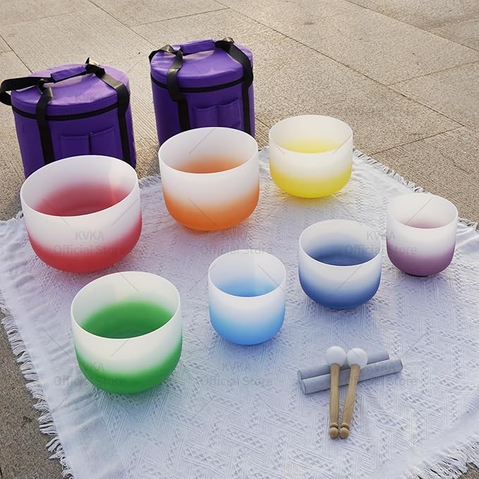 KVKA 432Hz 6-12" Set of 7 pcs Aria Colored Quartz Crystal Singing Bowl Sound Healing Tuned Bell with Carrying Case