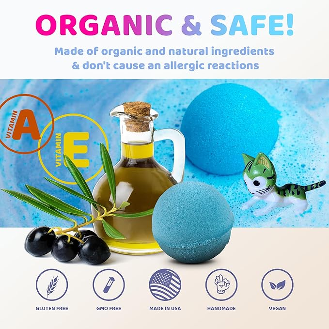 Made in USA 6 Organic Bath Bombs for Kids Set with Cat Toys Surprise Inside for Kids - Surprise Cute Cats Inside Each Fizzy Bath Ball - Natural and Safe for Girls, Boys, Teens - Perfect for Gift - Bloomnest