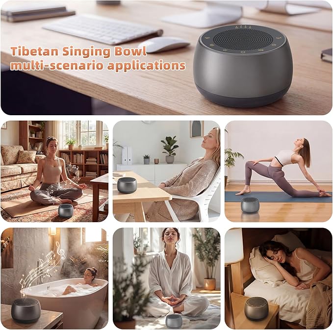 Electronic Tibetan Singing Bowl,Frequency Generator for Meditation,Yoga,Chakra Healing,256HZ-432HZ-528HZ 9 Healing Sound Bowls,4 Timer and Luminous Button,Reiki,Stress Relief Gift Grey Bloomnest