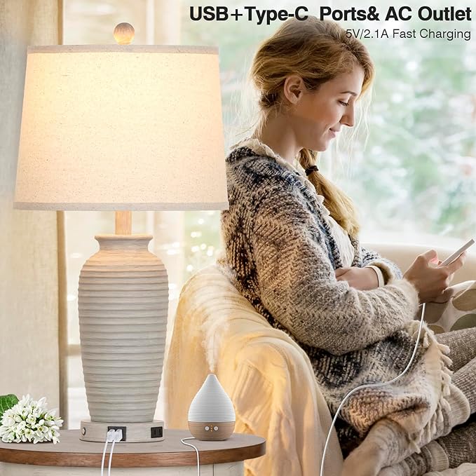 25" Farmhouse Jar Table Lamps Set of 2, 3 Way Touch Control Rustic Bedside Lamps with USB A+C Ports & AC Outlet, Pot Nightstand Lamps for Bedroom Living Room (LED Bulbs Included) - Bloomnest