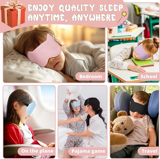 Kids Sleep Mask Eye Mask: 3D Contoured Cup Sleeping Masks, Blindfold with Adjustable Strap, Kids Eye Cover for Boys, Girls, Teens, Pressure-Free with Memory Foam Face Mask for Sleeping (Pink) - Bloomnest