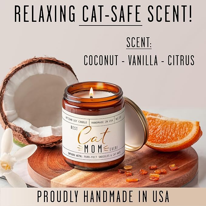 Cat Mom Gifts, Cat Gifts for Women Unique, Cat Lover Gifts for Women - 'Best Cat Mom Ever' Candle, w/Vanilla, Coconut & Vetiver I Cat Decor Themed I Cat Gifts for Cat Lovers I 50Hr Burn, USA Made - Bloomnest