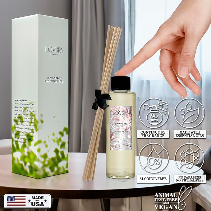 LOVSPA Hawaiian Breeze Diffuser Oil - Luxury Essential Oils for Diffuser Refill & Air Freshener Room Spray - Long-Lasting & Natural Home Fragrance, Scented Oil for Diffusers, USA Made, 4oz - Bloomnest