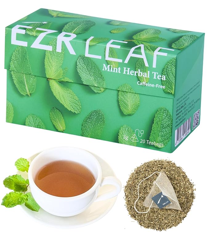 EZR Leaf Mint Herbal Tea, Caffeine Free Decaf, Pyramid Tea Bags 20 Counts 2.1 Once German Peppermint, Lemongrass, Licorice Blend for Relaxation, After-Meal, Bedtime - Bloomnest