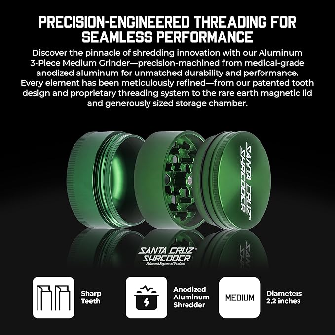 Santa Cruz Shredder Spice Grinder 3 Piece Medium 2 1/8" Superior Grip and Aluminium (Green) - Bloomnest