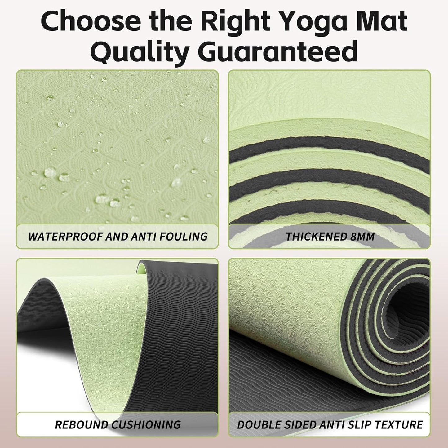 Yoga Mat 8mm Super Thick TPE Fitness Mat | SGS Certified | Non-Slip, Odorless & Tear-Resistant | Unisex with Strap | for Yoga, Pilates, Meditation & （Green&Black）