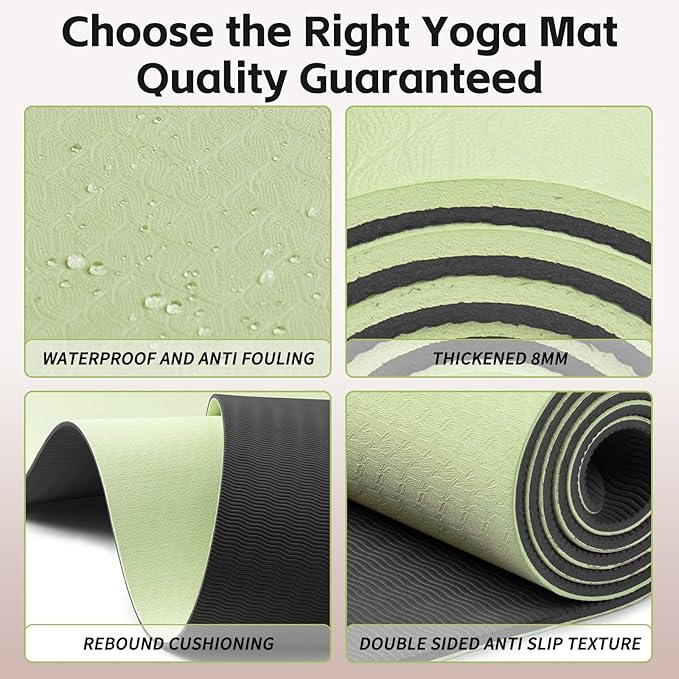 Yoga Mat 8mm Super Thick TPE Fitness Mat | SGS Certified | Non-Slip, Odorless & Tear-Resistant | Unisex with Strap | for Yoga, Pilates, Meditation & （Green&Black） - Bloomnest