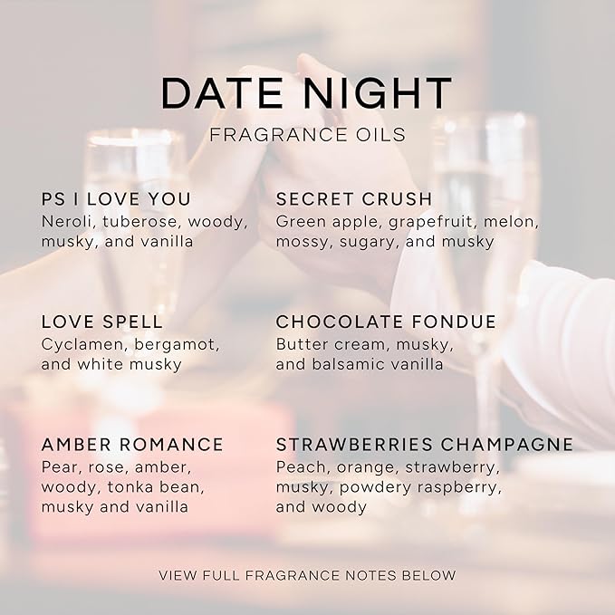 Eternal Essence Oils Date Night Set of 6 Premium Fragrance Oils - Includes PS I Love You, Amber Romance, Secret Crush, Chocolate Fondue, Strawberry Champagne, and Love Spell Scented Oils - 10ML - Bloomnest